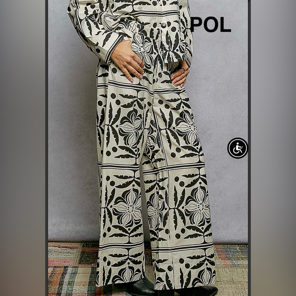 BPB225-1🤍🖤POL pretty Wide-Leg hand stamped Patterned Pants in cream+black!